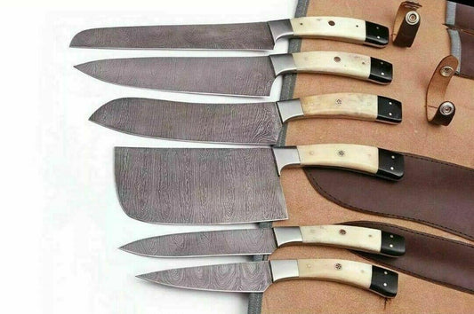 Hand Forged Damascus Chef Knife Set – 6-Piece Japanese Style Kitchen Knives with Bone Handle