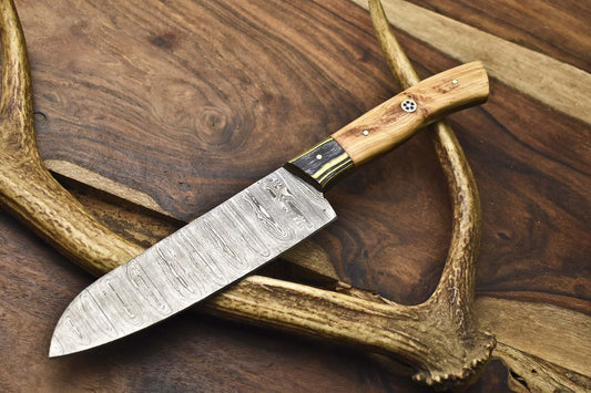 Hand Crafted Chef Knife Damascus Olive Wood Wooden Bolster – Fishing & Outdoor Use
