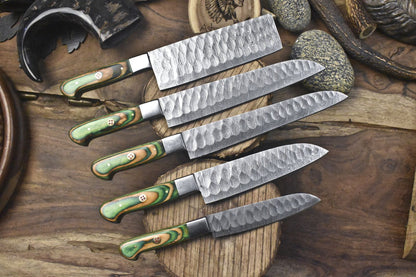 Hand Crafted Chef Knife Set – Lot of 5 Twist Damascus Steel Knives with Hardwood Handles for Hiking & Kitchen