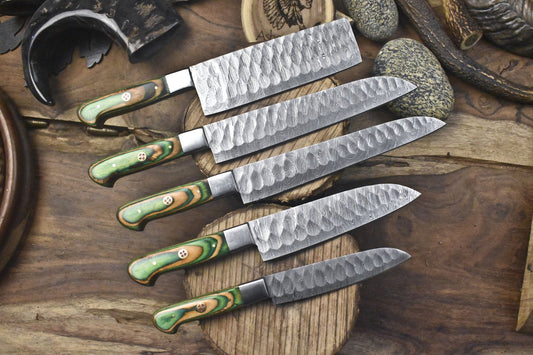 Hand Crafted Chef Knife Set – Lot of 5 Twist Damascus Steel Knives with Hardwood Handles for Hiking & Kitchen