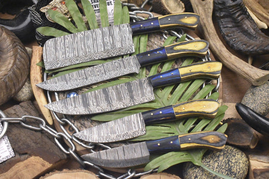 Hand Crafted Chef Knife Set – Twist Damascus Steel with Hardwood Handle (Lot of 5 Hunting Knives)