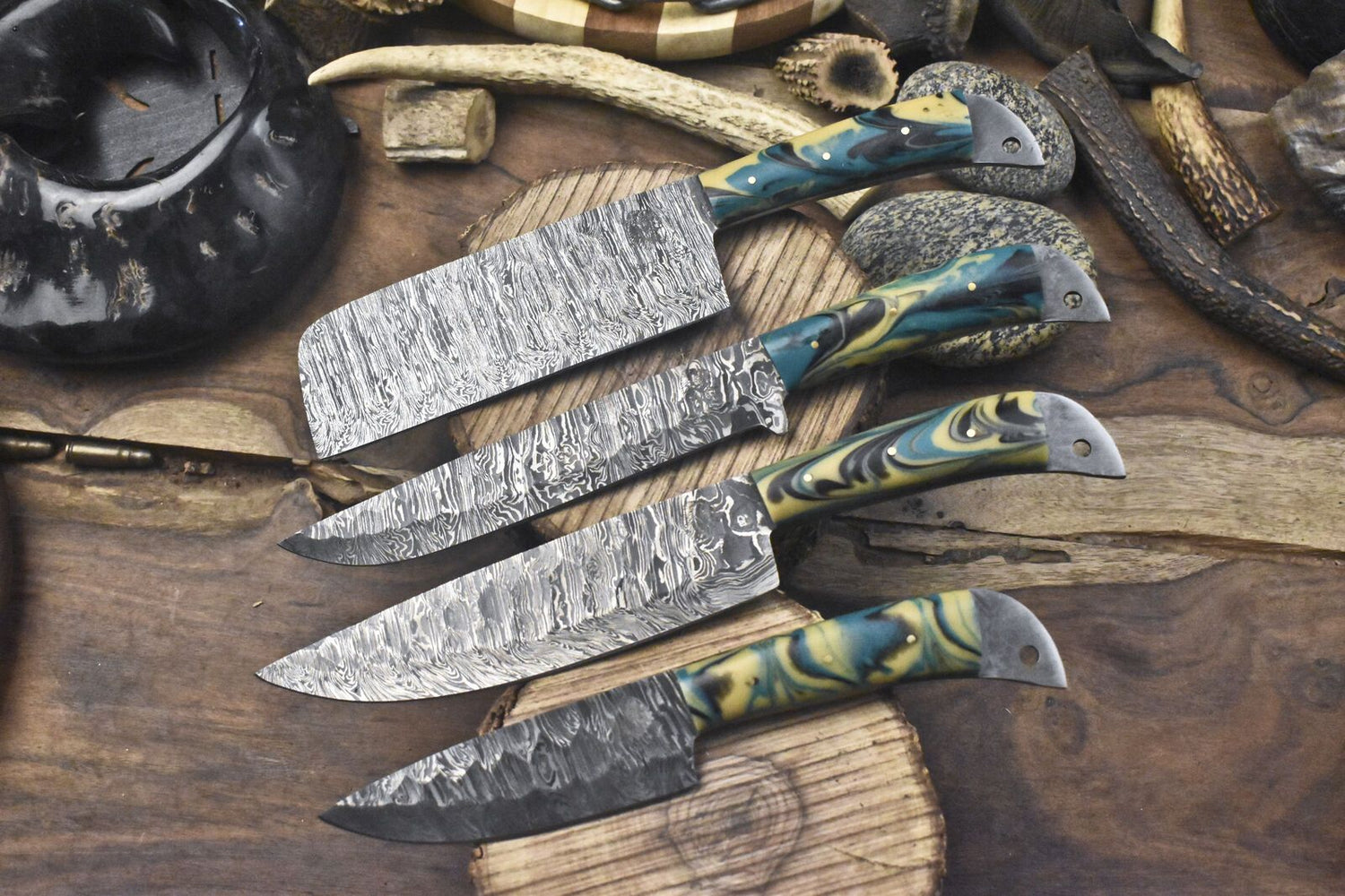 Hand Crafted Chef Knife Set Twist Damascus Steel with Micarta Handles – Lot of 4 Fishing Knives