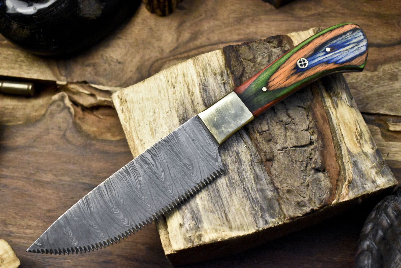 Hand Crafted Chef Knife – Twist Damascus Steel Blade with Hardwood Handle & Brass Bolster, Tactical Design