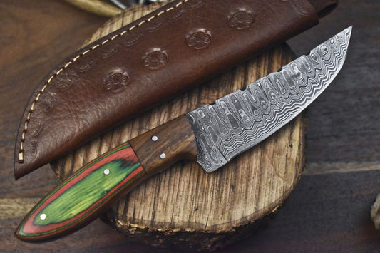 Hand Crafted Ladder Damascus Skinner Knife with Hardwood Handle for Hunting & Sports