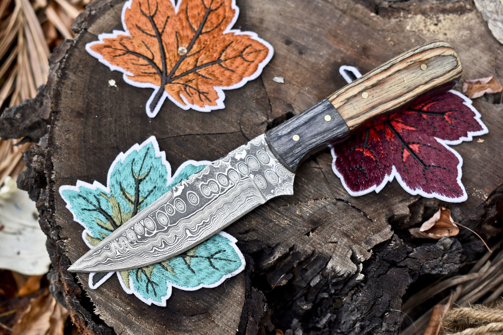 Hand Crafted Rain Drop Damascus Skinner Knife 8 Inch with Hard Wood Handle and Wooden Bolster W/ Leather Sheath