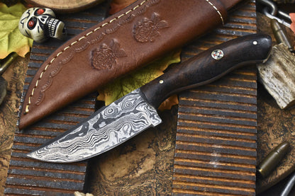 Hand Crafted Rain Drop Damascus Skinner Knife 8 Inch with Walnut Wood Handle W/ Leather Sheath