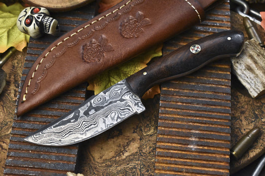 Hand Crafted Rain Drop Damascus Skinner Knife 8 Inch with Walnut Wood Handle W/ Leather Sheath