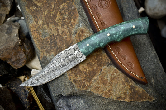 Hand Crafted Rain Drop Damascus Skinner Knife with Micarta Handle for Fishing and EDC