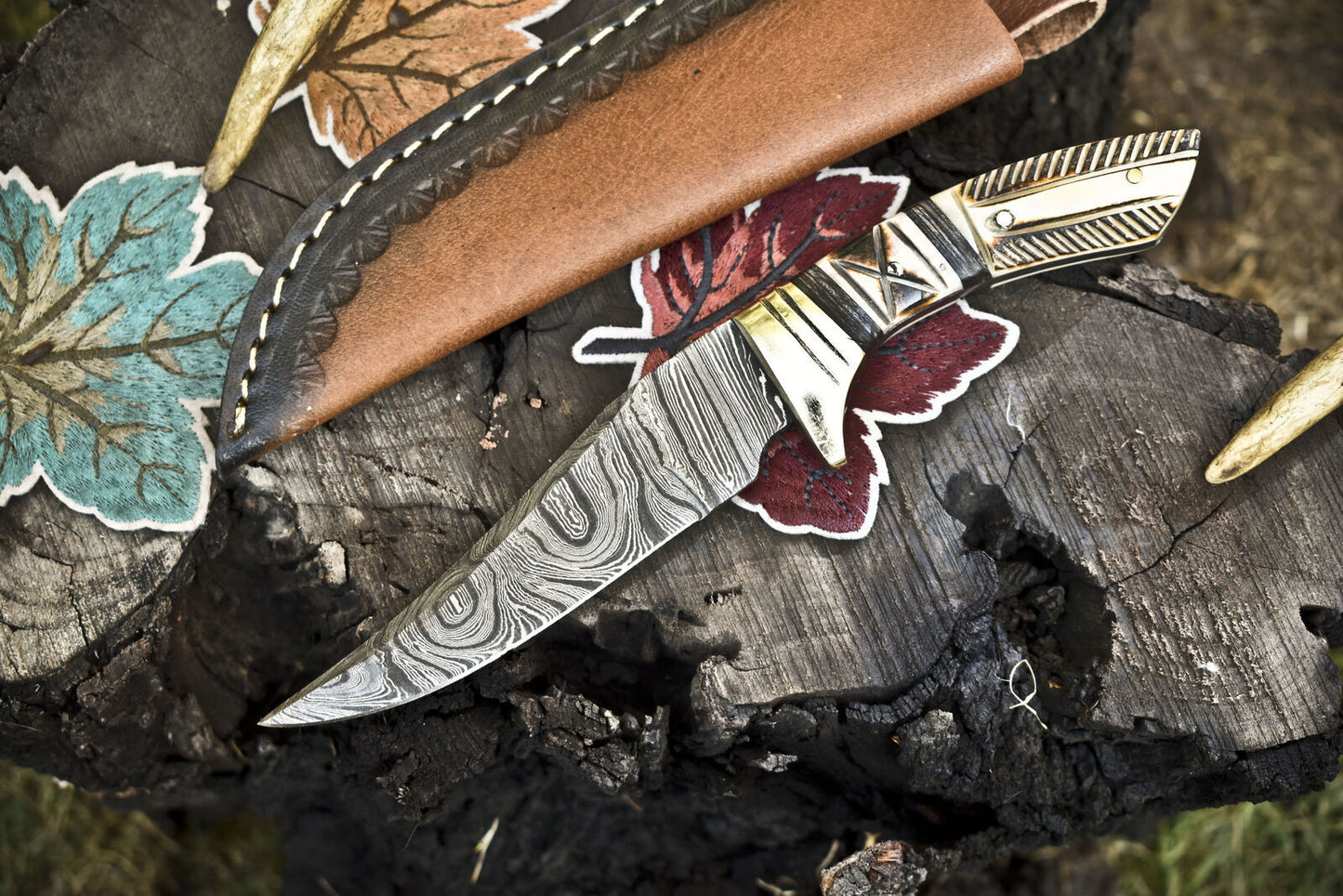 Hand Crafted Skinner Knife Twist Damascus Bone Brass Guard EDC w/ Leather Sheath