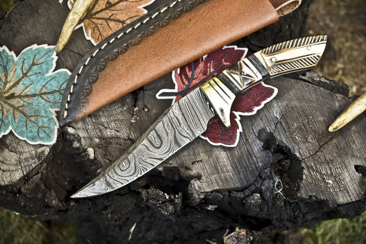 Hand Crafted Skinner Knife Twist Damascus Bone Brass Guard EDC w/ Leather Sheath