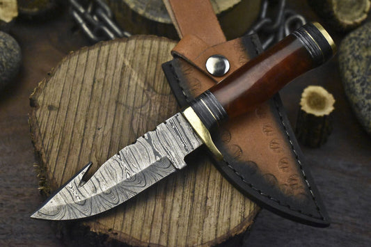 Hand Crafted Skinner Knife with Gut Hook Twist Damascus Corain Handle Gift