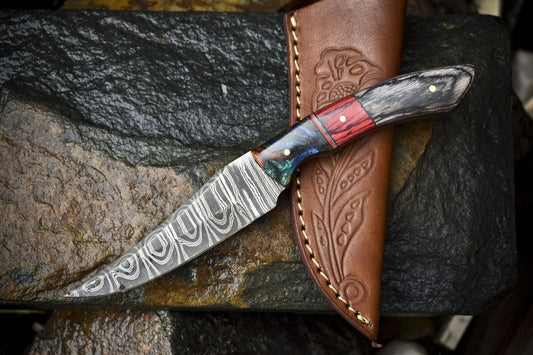 Hand Crafted Twist Damascus Skinner Knife Hard Wood Handle for Fishing and Hunting