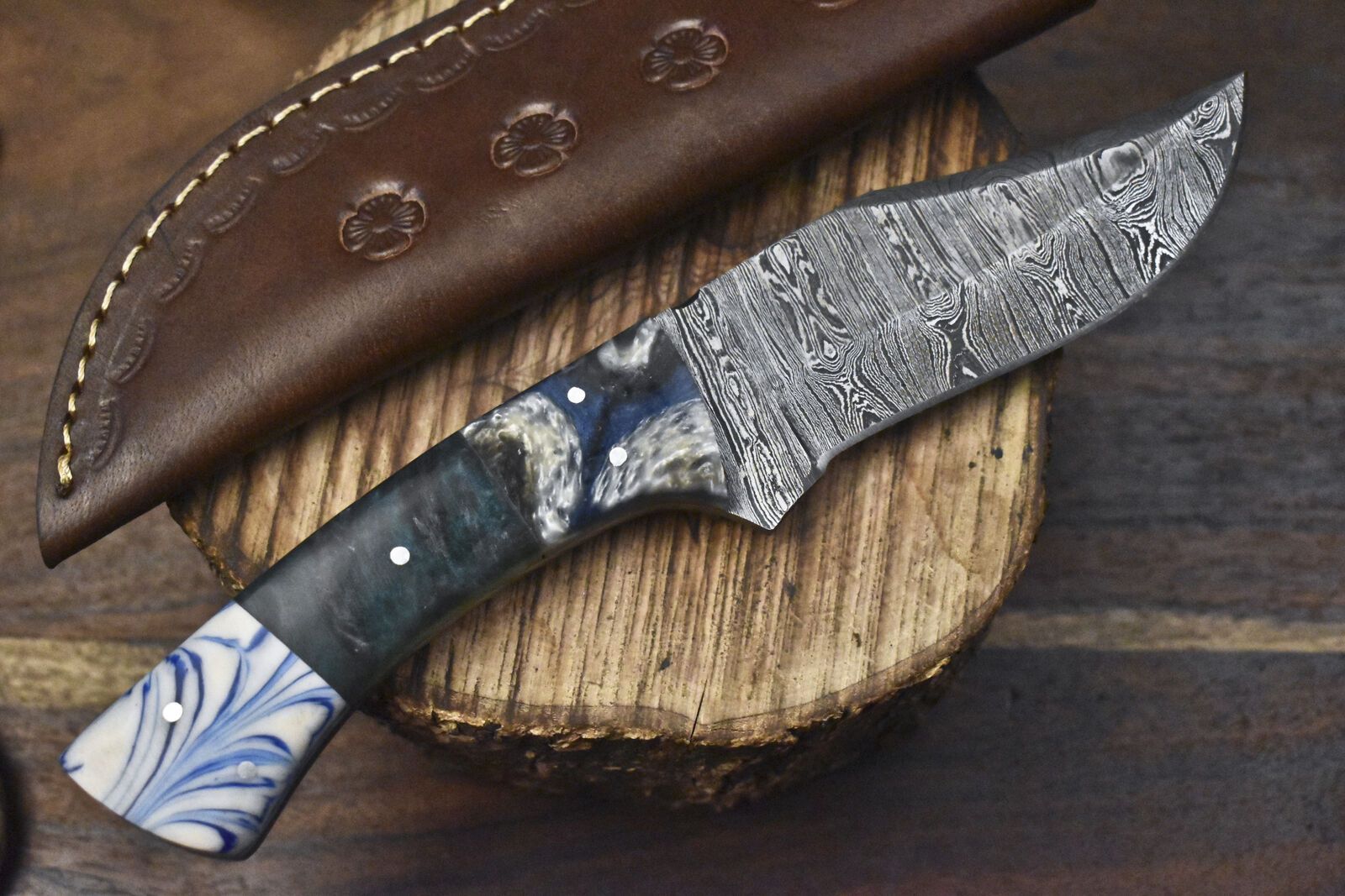 Hand Crafted Twist Damascus Skinner Knife with Corian Handle & Micarta Bolster for EDC and Hunting

