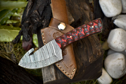 Hand Crafted Twist Damascus Skinner Knife with Gut Hook and Hard Wood Handle – Custom Handmade Fixed Blade Hunting Knife