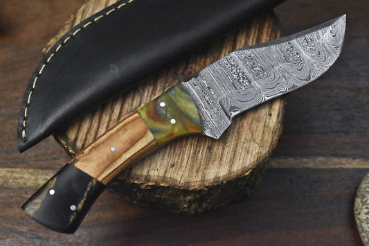Hand Crafted Twist Damascus Skinner Knife with Olive Wood Handle & Micarta Bolster – 9" Custom Hunting Knife