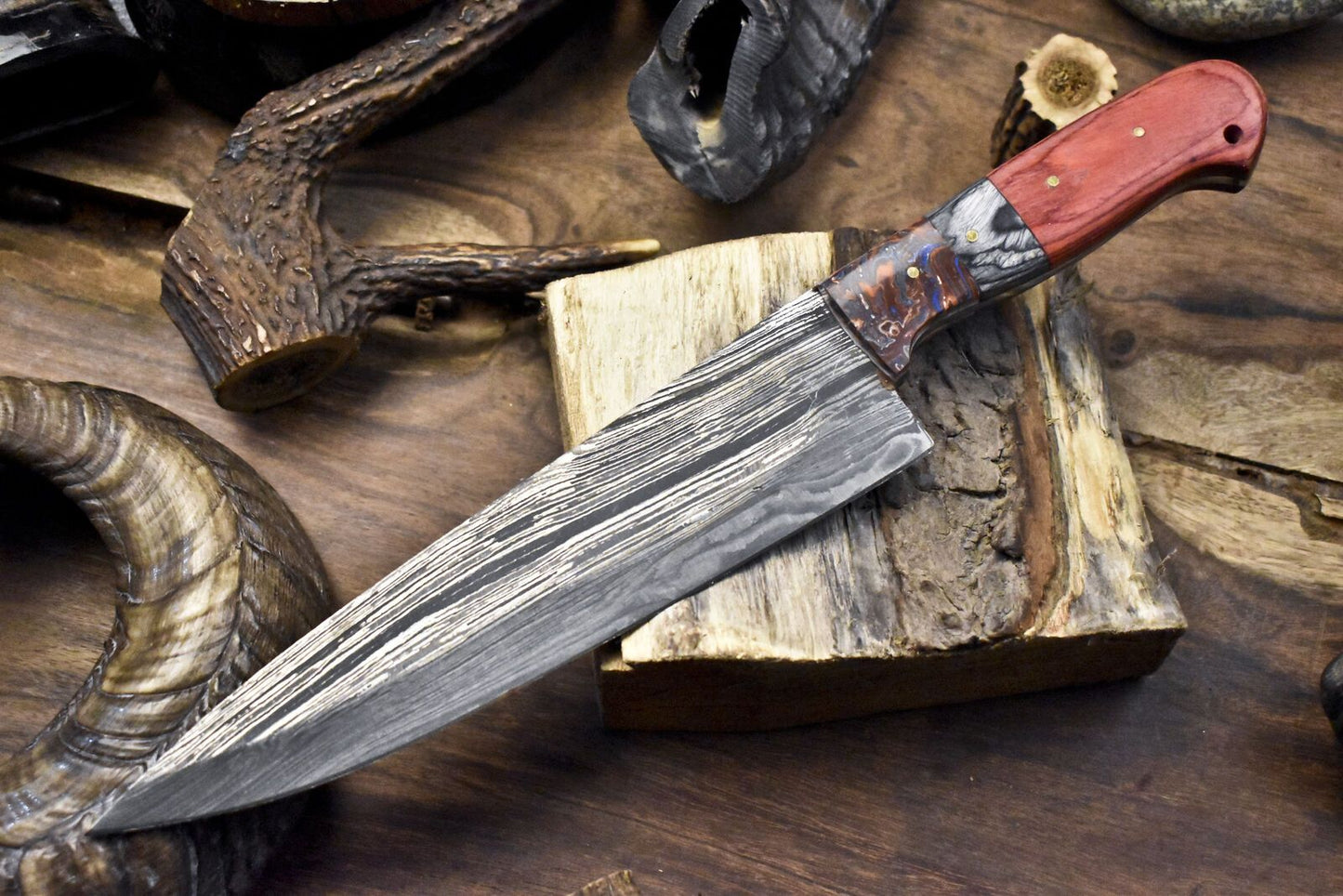 Hand Crafted Twist Damascus Steel Chef Knife 13" with Hardwood Handle 