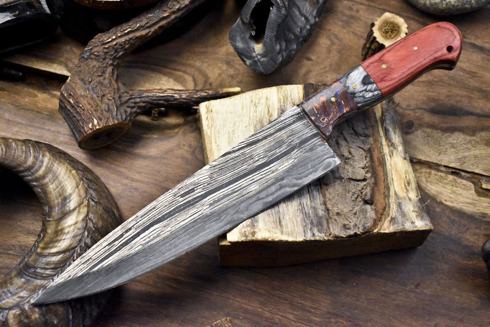 Hand Crafted Twist Damascus Steel Chef Knife 13" with Hardwood Handle 