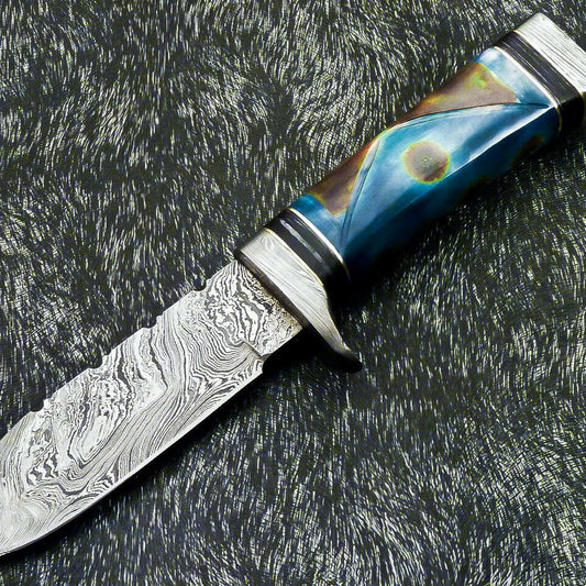 Hand Forged 10" Damascus Bowie Hunting Knife – Camel Bone Handle