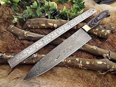 Hand Forged 14" Damascus Steel Chef Knife with 2-Tone Dollar Wood Handle & Brass Bolster
