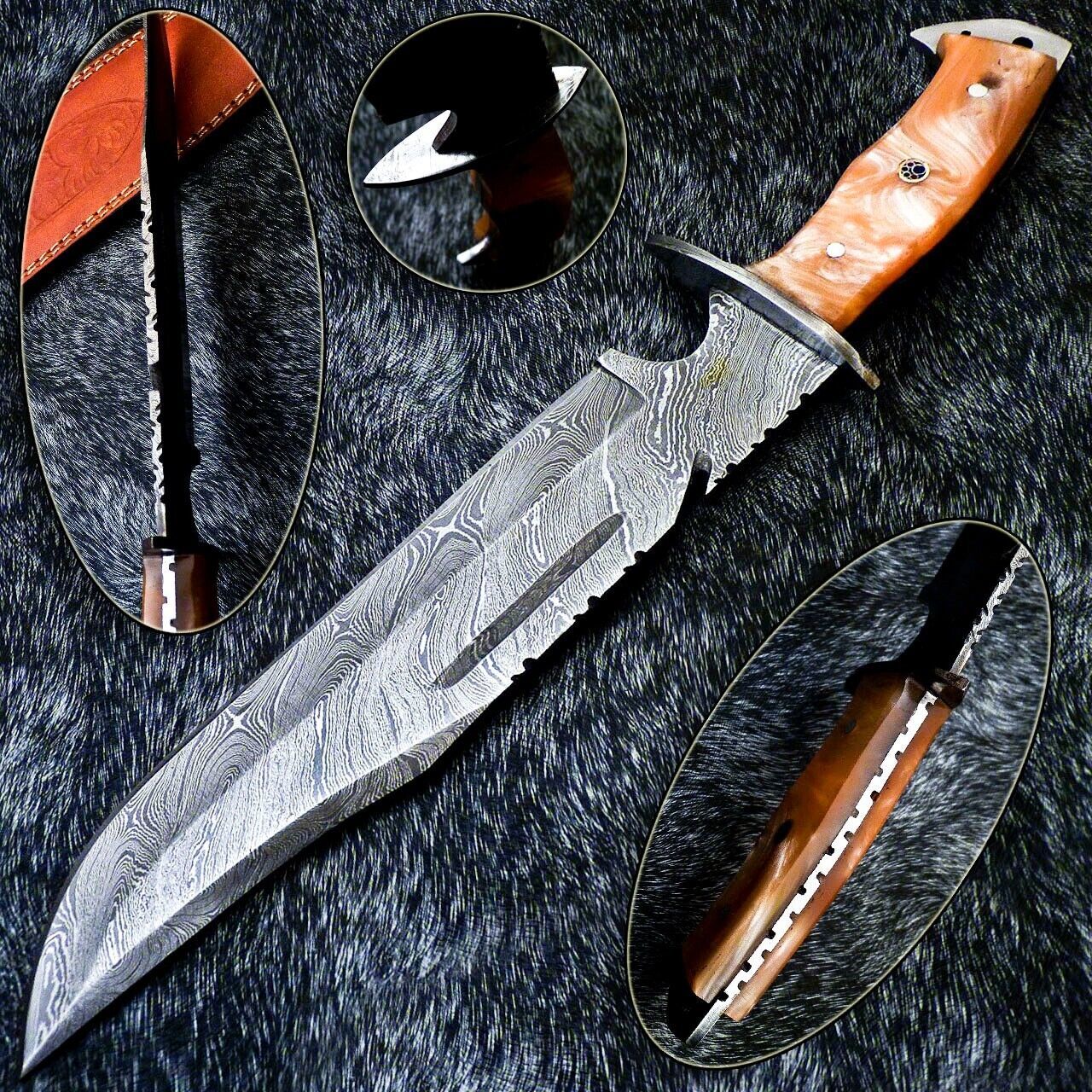 Hand Forged 15 Inch Damascus Steel Bowie Knife with Resin Handle and Leather Sheath