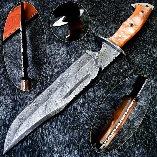 Hand Forged 15 Inch Damascus Steel Bowie Knife with Resin Handle and Leather Sheath