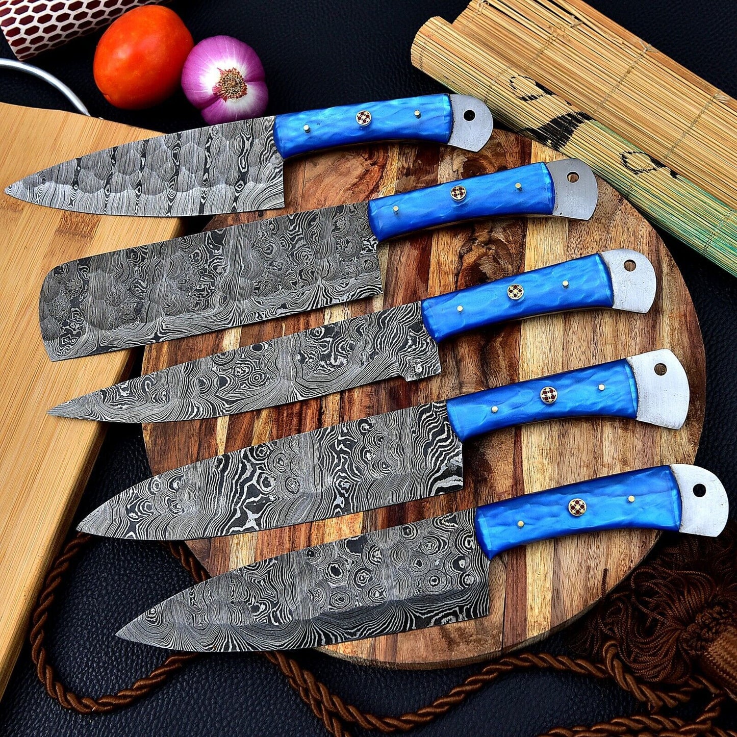 Hand Forged 5-Piece Damascus Steel Chef Knife Set with Leather Bag