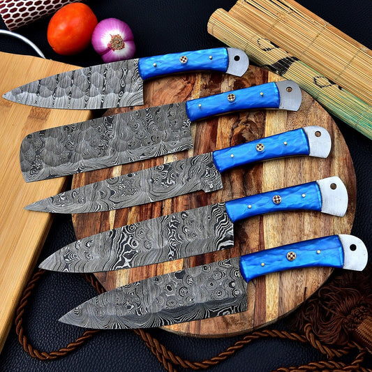 Hand Forged 5-Piece Damascus Steel Chef Knife Set with Leather Bag