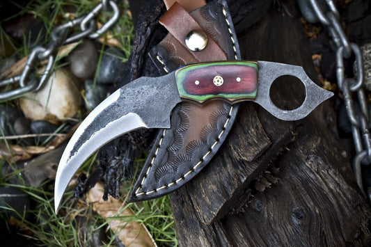 Hand Forged 8" D2 Steel Karambit Knife Fixed Blade Karambit with Hard Wood Handle