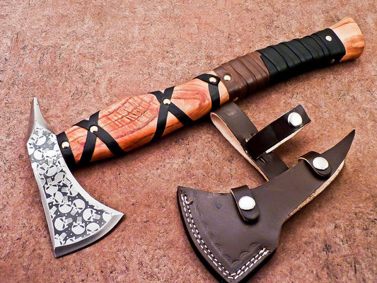 Hand Forged Bearded Viking Axe Tomahawk 18 Inch Carbon Steel with Wood Handle and Leather Sheath
