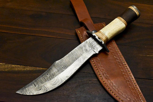 Hand Forged Bowie Damascus Bowie Knife With Camel Bone Handle & Leather Sheath 