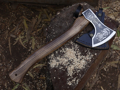Hand Forged Carbon Steel Axe Viking Axe with 18 Inch Ash Wood Handle and Leather Sheath