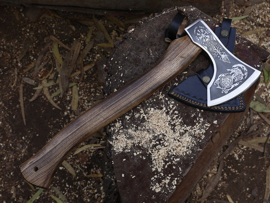Hand Forged Carbon Steel Axe Viking Axe with 18 Inch Ash Wood Handle and Leather Sheath
