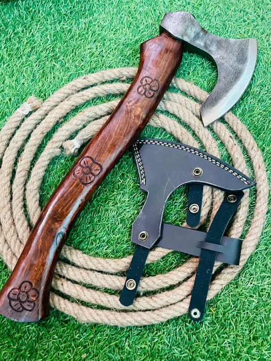 Hand Forged Carbon Steel Axe Viking Axe with Wooden Handle and Leather Cover