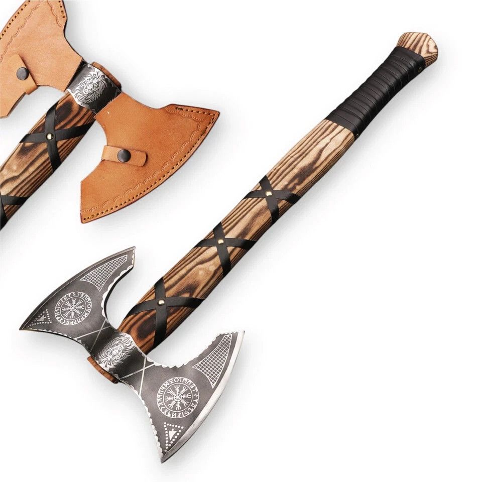 Hand Forged Carbon Steel Axe Viking Axe with Wooden Handle and Leather Sheath