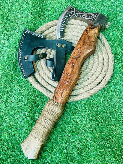 Hand Forged Carbon Steel Axe Viking Bearded Axe with Wood Handle and Leather Sheath