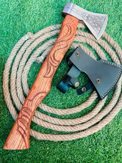 Hand Forged Carbon Steel Axe Viking Bearded Axe with Wooden Handle & Leather Sheath