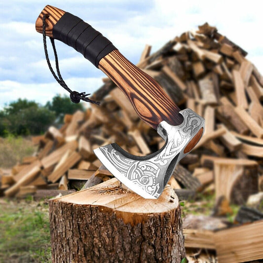 Hand Forged Carbon Steel Axe Viking Bearded Axe with Wooden Handle and Leather Sheath