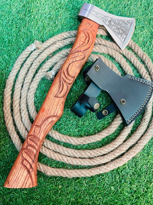 Hand Forged Carbon Steel Axe Viking Bearded Axe with Wooden Handle for Camping