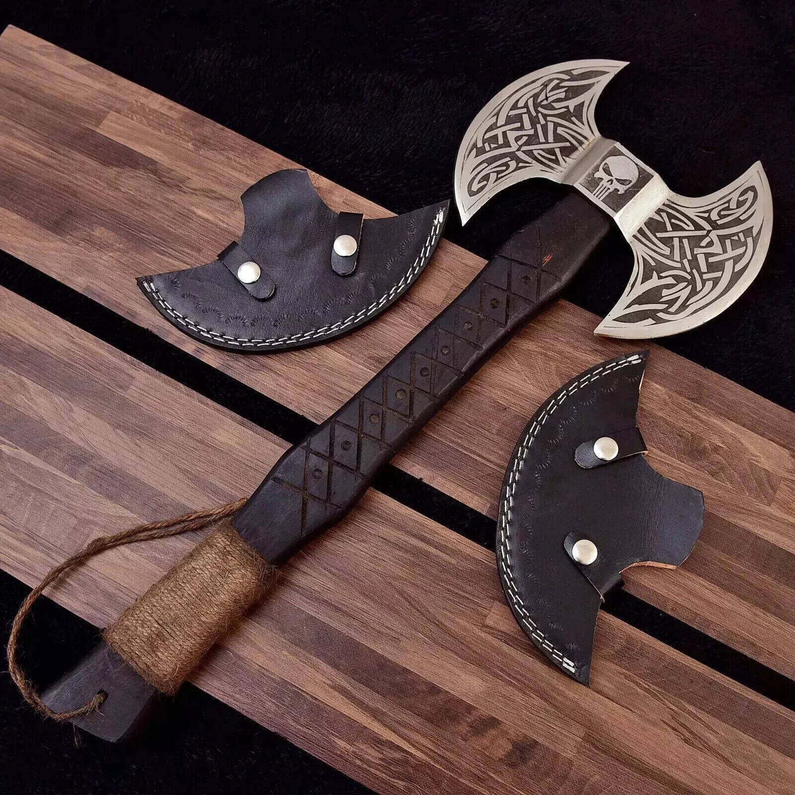 Hand Forged Carbon Steel Axe Viking Bushcraft Axe Black Wood Handle with Leather Sheath