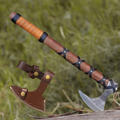 Hand Forged Carbon Steel Axe Viking Throwing Axe with Rosewood Handle & Leather Sheath