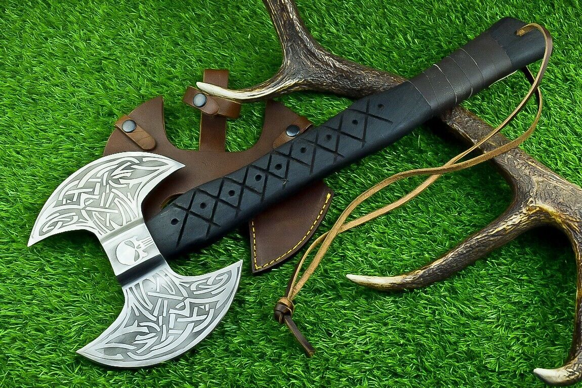 Hand Forged Carbon Steel Double Headed Viking Battle Axe with Ash Wood Handle and Leather Sheath