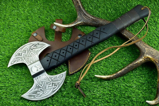 Hand Forged Carbon Steel Double Headed Viking Battle Axe with Ash Wood Handle and Leather Sheath