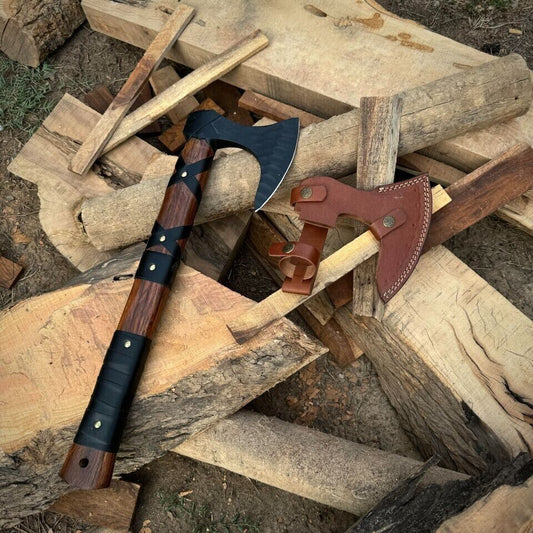Hand Forged Carbon Steel Tomahawk Hatchet with Wooden Handle and Leather Sheath