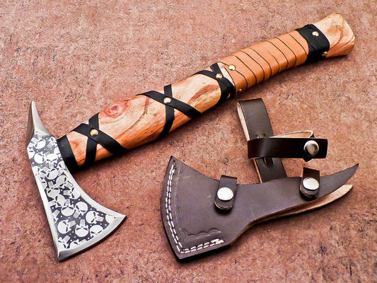 Hand Forged Carbon Steel Viking Axe 16 Inch Bearded Camping Hatchet with Wood Handle