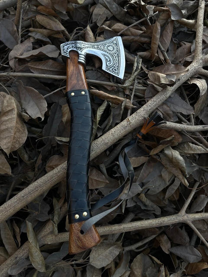 Hand Forged Carbon Steel Viking Axe with Ash Wood Shaft and Leather Sheath