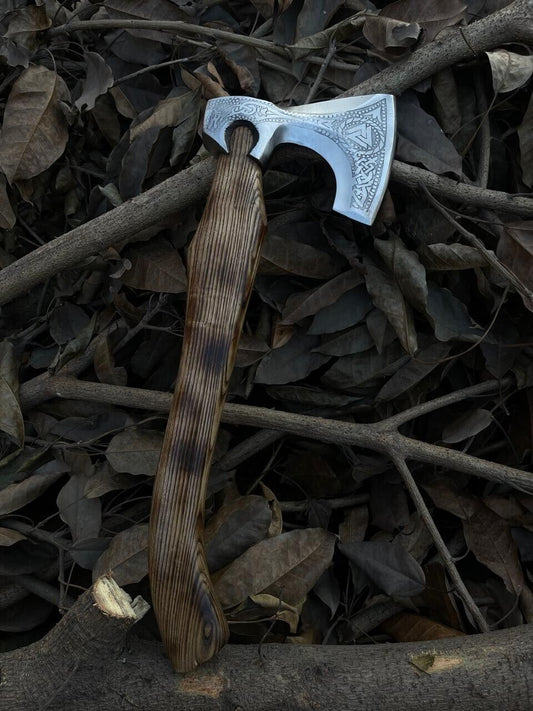 Hand Forged Carbon Steel Viking Axe with Rosewood Shaft and Leather Sheath