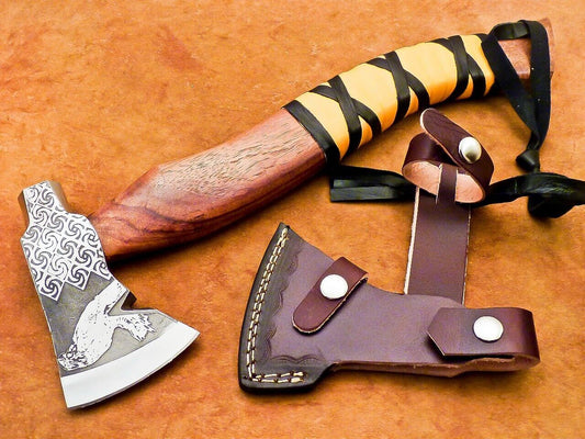 Hand Forged Carbon Steel Viking Bearded Axe 15" Hatchet Tomahawk with Wood Handle and Leather Sheath
