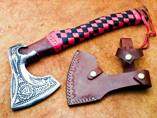 Hand Forged Carbon Steel Viking Bearded Axe 18" Camping Tomahawk with Wood Handle and Leather Sheath
