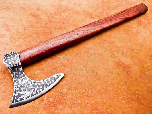 Hand Forged Carbon Steel Viking Bearded Axe 18" Hatchet Tomahawk with Wood Handle and Leather Sheath
