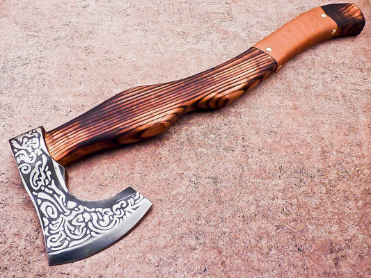 Hand Forged Carbon Steel Viking Bearded Axe 19" Hatchet Tomahawk with Wood Handle and Leather Sheath